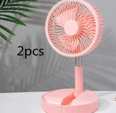 Black telescopic portable folding fan shown extended to full height on a desk, with control panel visible.