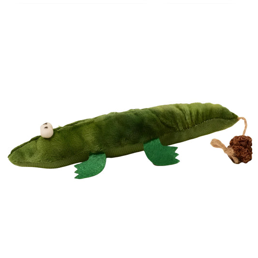 Green alligator plush cat toy with textured surface for dental cleaning filled with catnip and peppermint