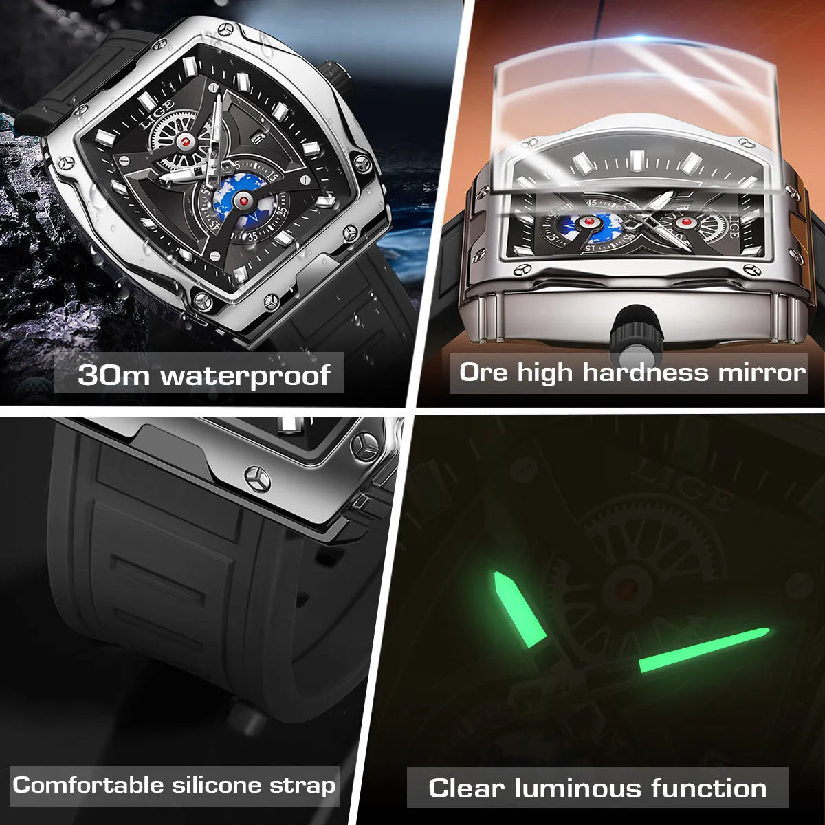 Men's tonneau watch with stainless steel case, silicone strap, and silver blue dial, 15mm thick.