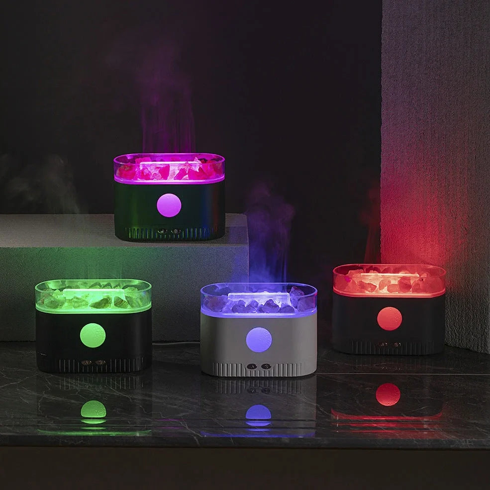 Black desktop atmosphere lamp with flame effect and humidifier functions, measuring 168mm tall