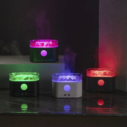 Black desktop atmosphere lamp with flame effect and humidifier functions, measuring 168mm tall