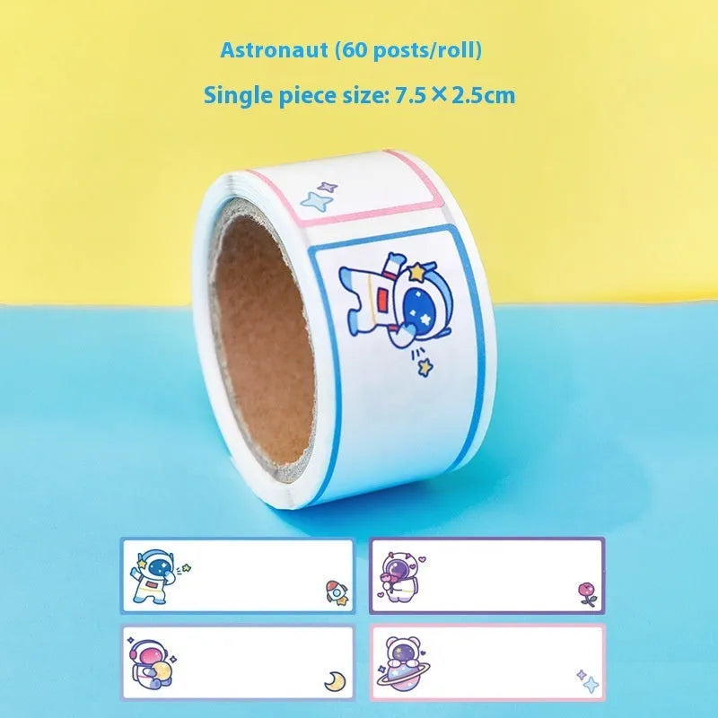 Roll of student name tape stickers with cartoon dinosaur, astronaut, rabbit, and girl designs for labelling