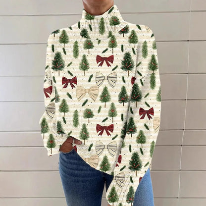 Women's Christmas printed turtleneck sweater with painting pattern and macaron colours, loose fit design