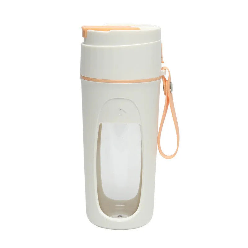 USB rechargeable portable juicer cup with glass liner in grass green, light purple, or fresh orange.