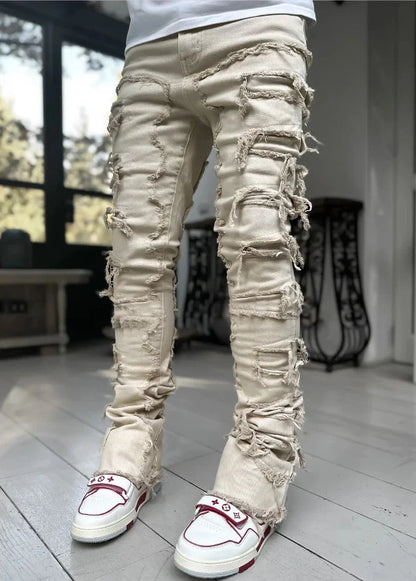 Stylish patched men's jeans with tight, stacked fit and variety of vibrant color options