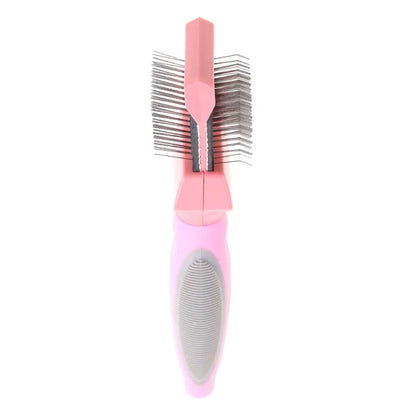 A blue double-sided pet grooming brush with stainless steel pins and a non-slip handle.