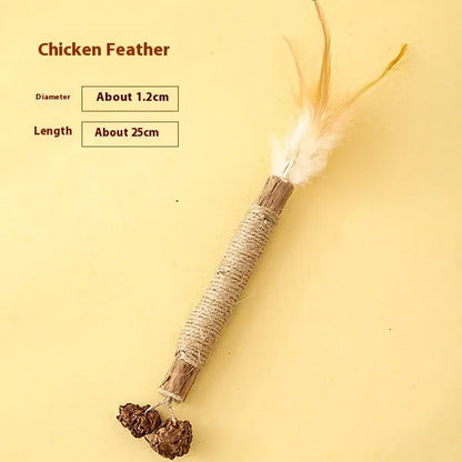 Wood skirret polygonum cat molar rod with catnip lafite grass and raffia detailing, 2.2 cm diameter