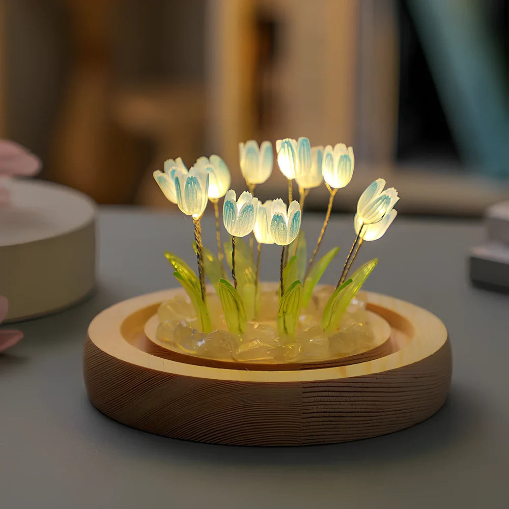 Handmade tulip night light with glass lampshade and adjustable heat shrinkable film flowers in blue, pink, or purple