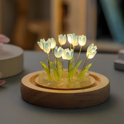 Handmade tulip night light with glass lampshade and adjustable heat shrinkable film flowers in blue, pink, or purple