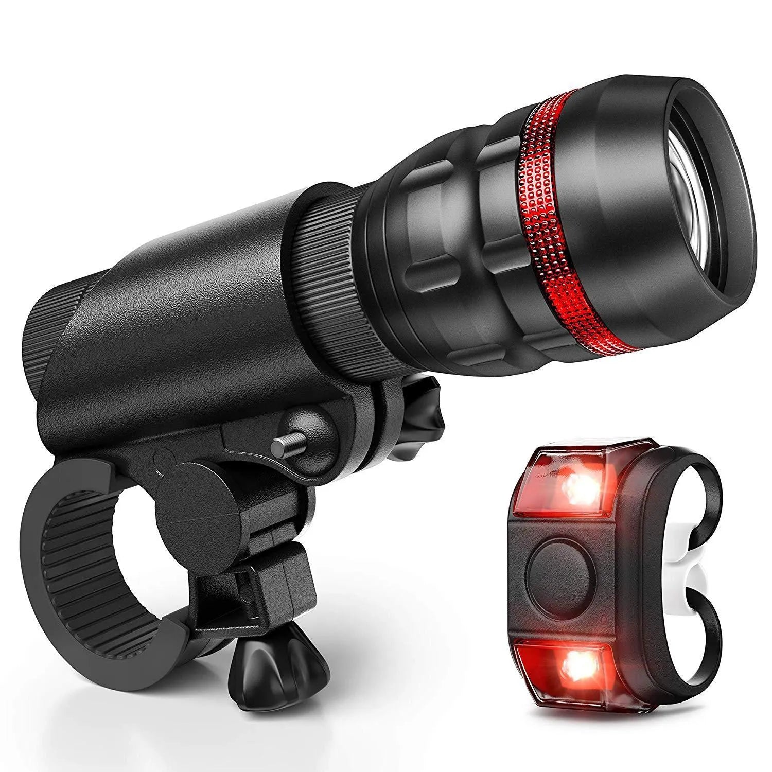 Bicycle headlights and taillights set with mounting bracket on a bike