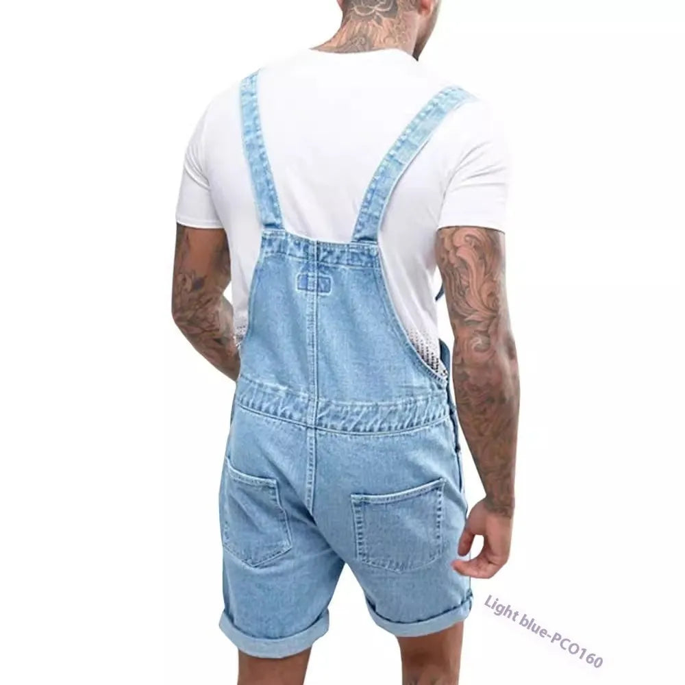 Black denim suspender shorts for men on a hanger, showing mid-waist and shorts length.