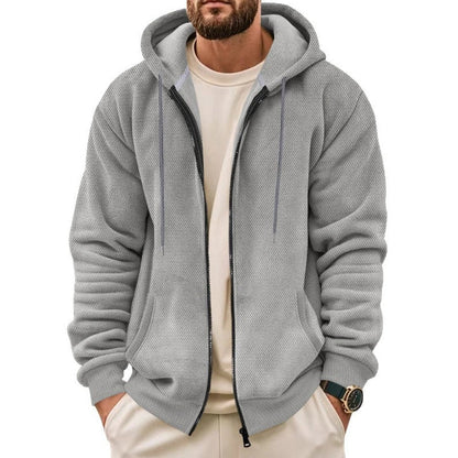 Men's grey zippered hooded sweatshirt with fleece lining and full-length front zip