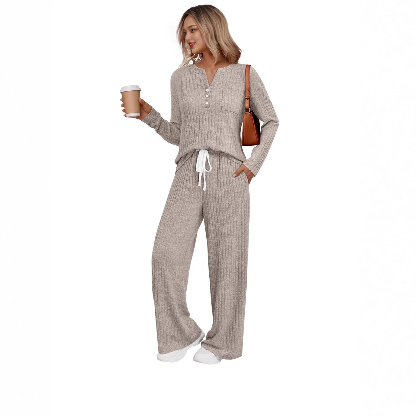 V-neck striped knit long coat with lace-up details and multiple pockets in light grey colour