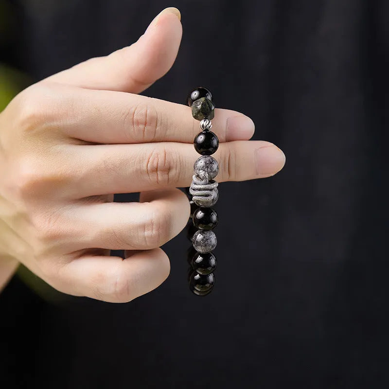 Men's black obsidian and sterling silver snake year bracelet with retro design and 10mm thickness