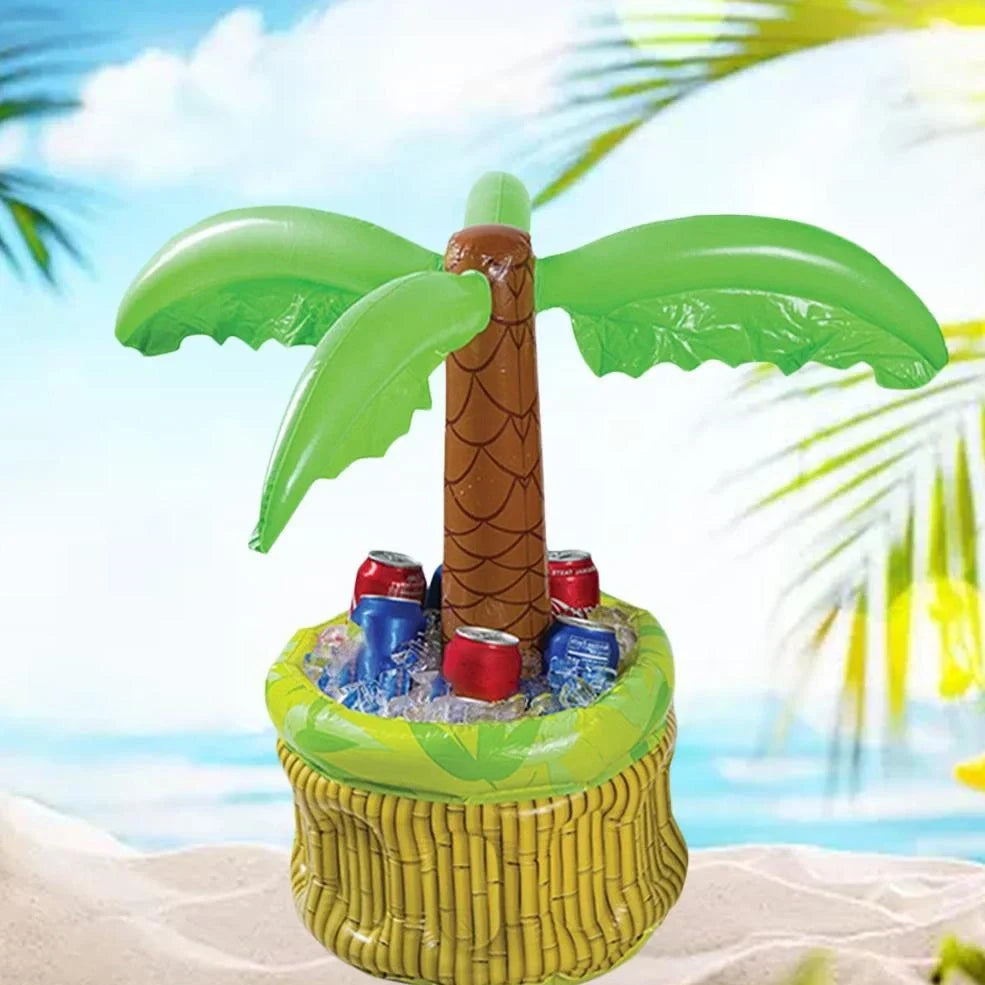 Green inflatable palm tree shaped cooler with coconut details holding beer bottles and ice