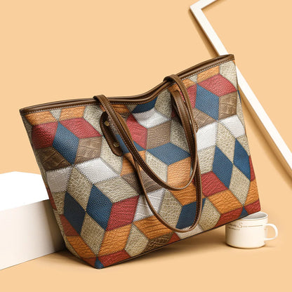 Women's PVC shoulder handbag in blue brown colour with sandwich pocket organisation