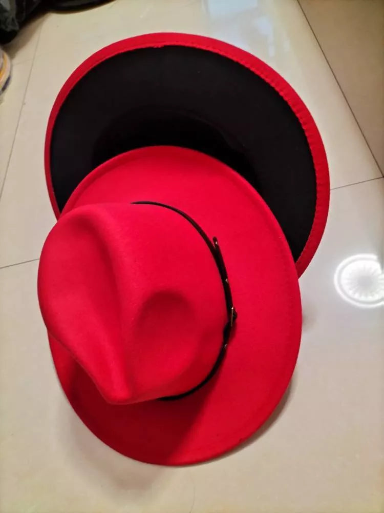 Woolen flat brim fedora jazz hat in black and red, perfect for winter warmth and style
