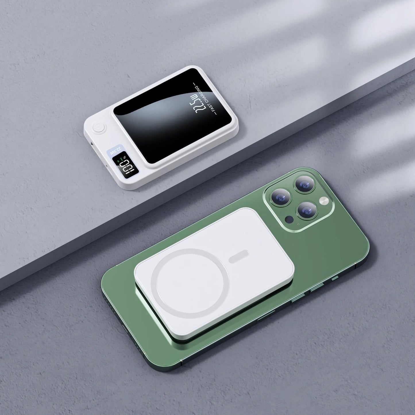 Magnetic wireless power bank for MagSafe iPhones in black, white, purple or green with fast charging capability