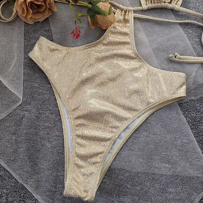 Women's gold foil stamped two-piece beach swimwear set with quick-drying fabric