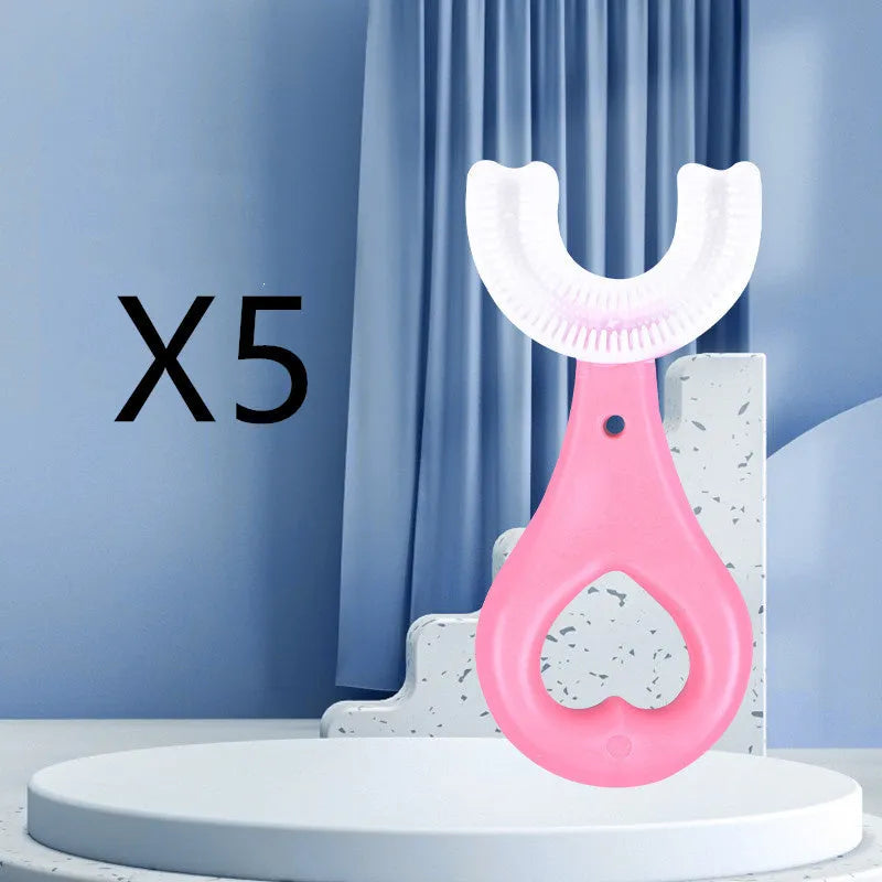 Children's U-shaped soft rubber toothbrush in pink and blue colours.