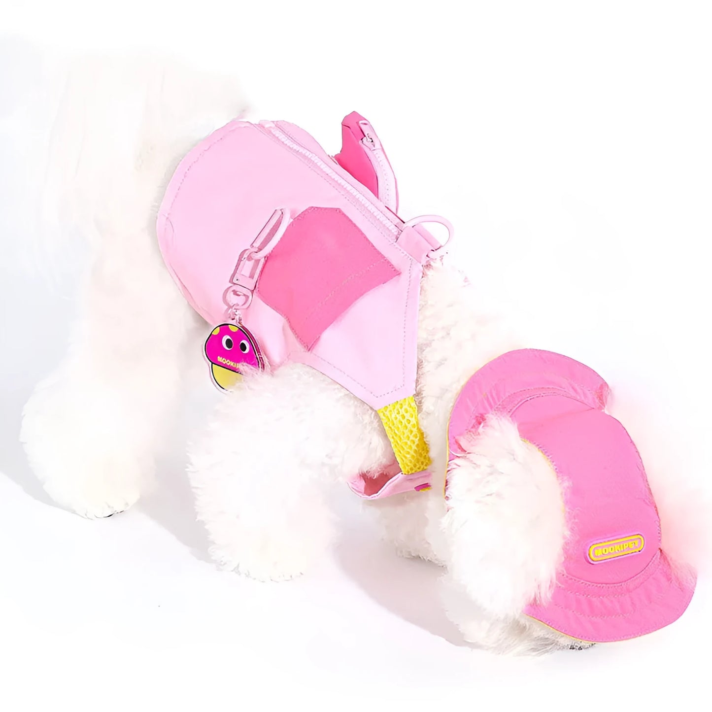 Pink polyester pet vest for small dog breeds on mannequin showing adjustable design
