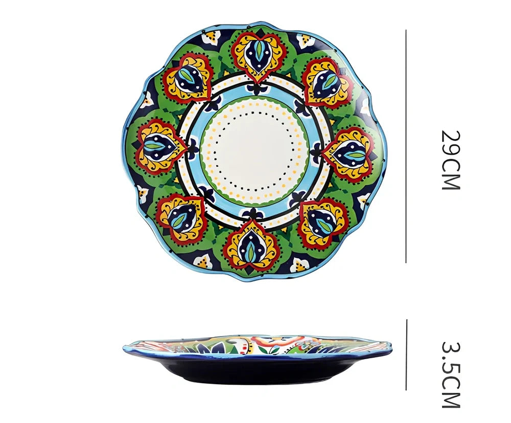 Underglaze ceramic bowl with Bohemian floral pattern in blue mandarin duck design, 8 inch diameter