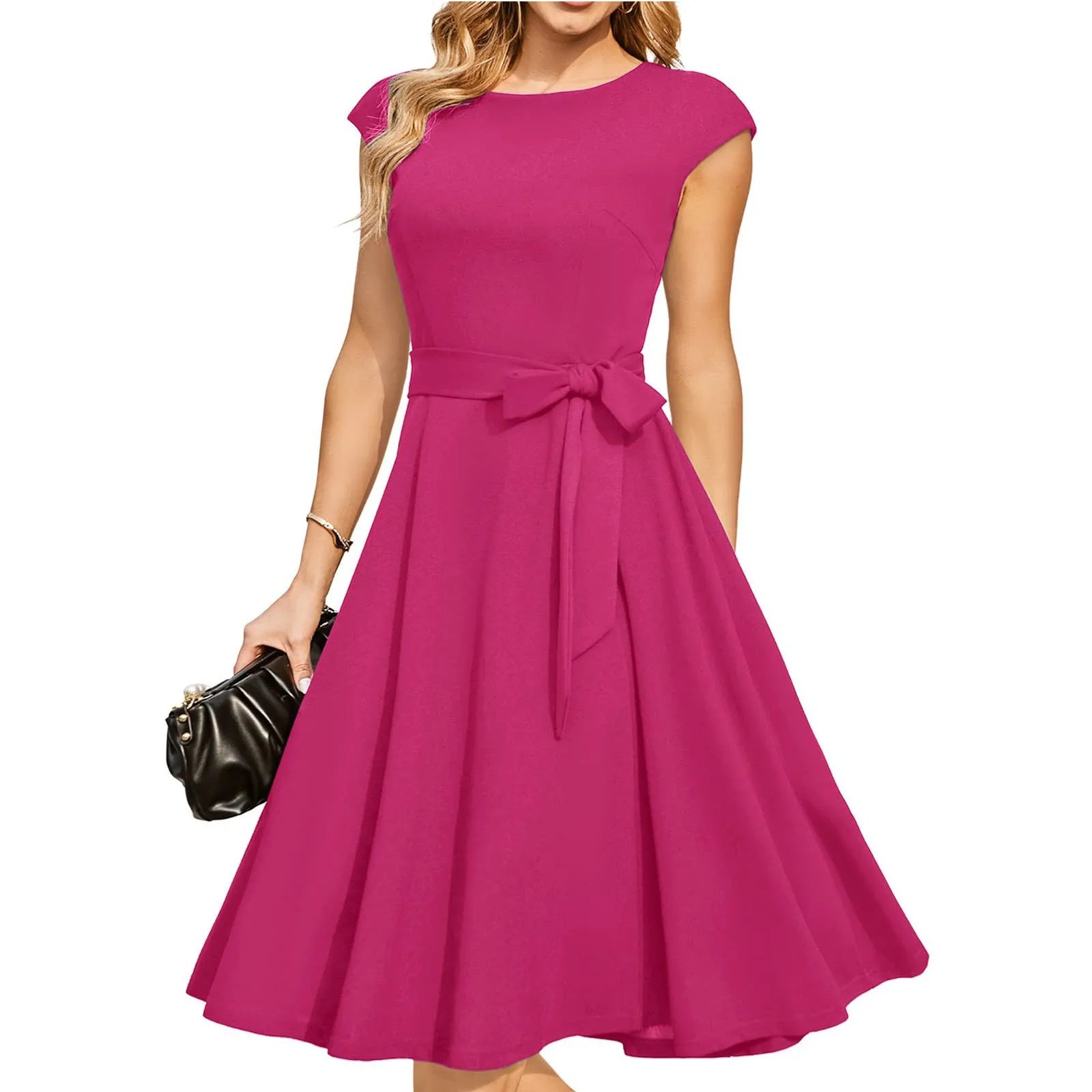 Sleeveless black dress with lace-up waist detail and a flowing swing skirt.