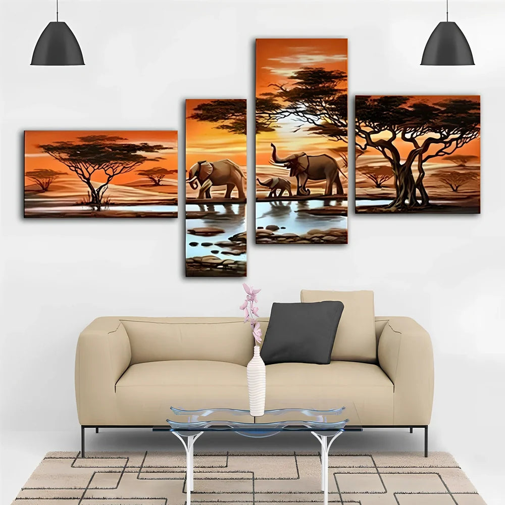 Diamond painting DIY kit showing four consecutive canvas panels forming 115x60cm artwork with oil-on-canvas material