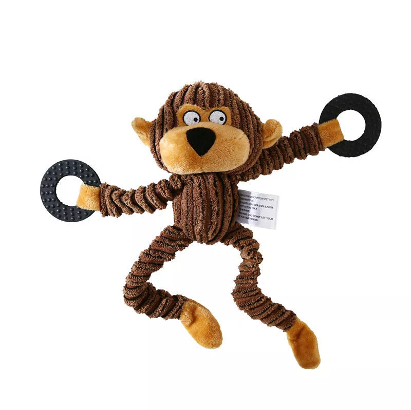 Donkey-shaped corduroy chew toy for dogs with squeaker, available in white, brown, and gray