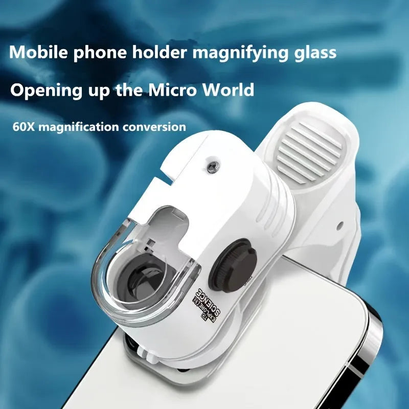 Mini Mobile Phone Microscope with 60x Magnification and LED Light, Portable Pocket Microscope with Universal Phone Adapter Clip for Capturing Macro Photos and Video of Small Objects