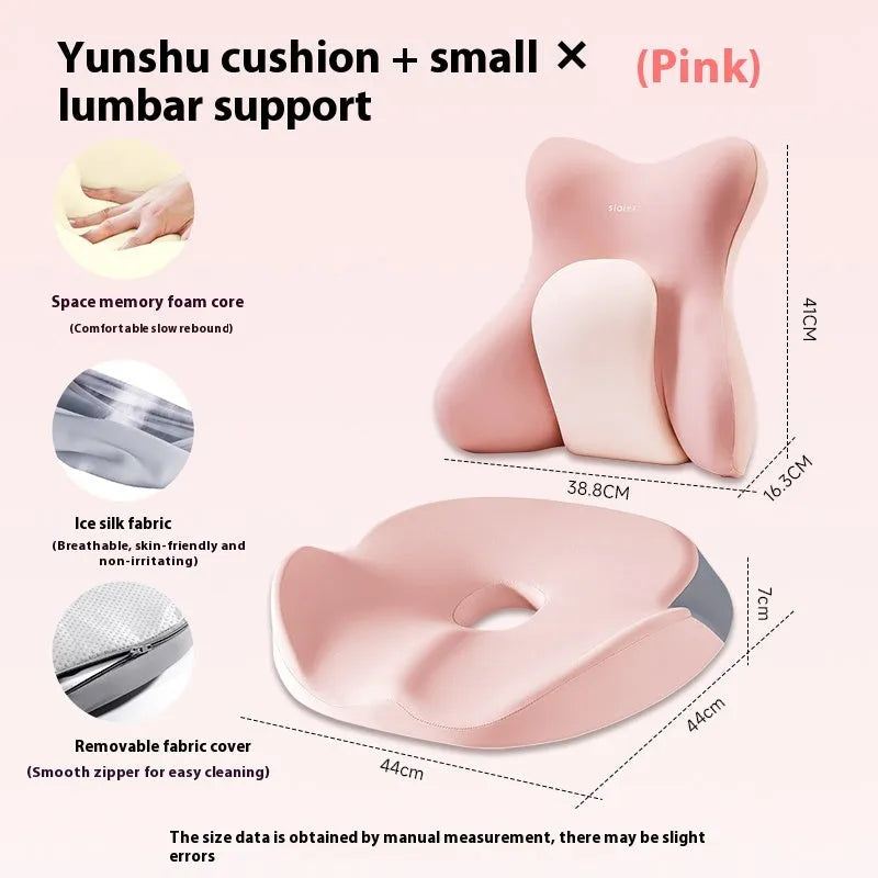Ergonomic memory foam lumbar support cushion with a removable cover in a solid colour.