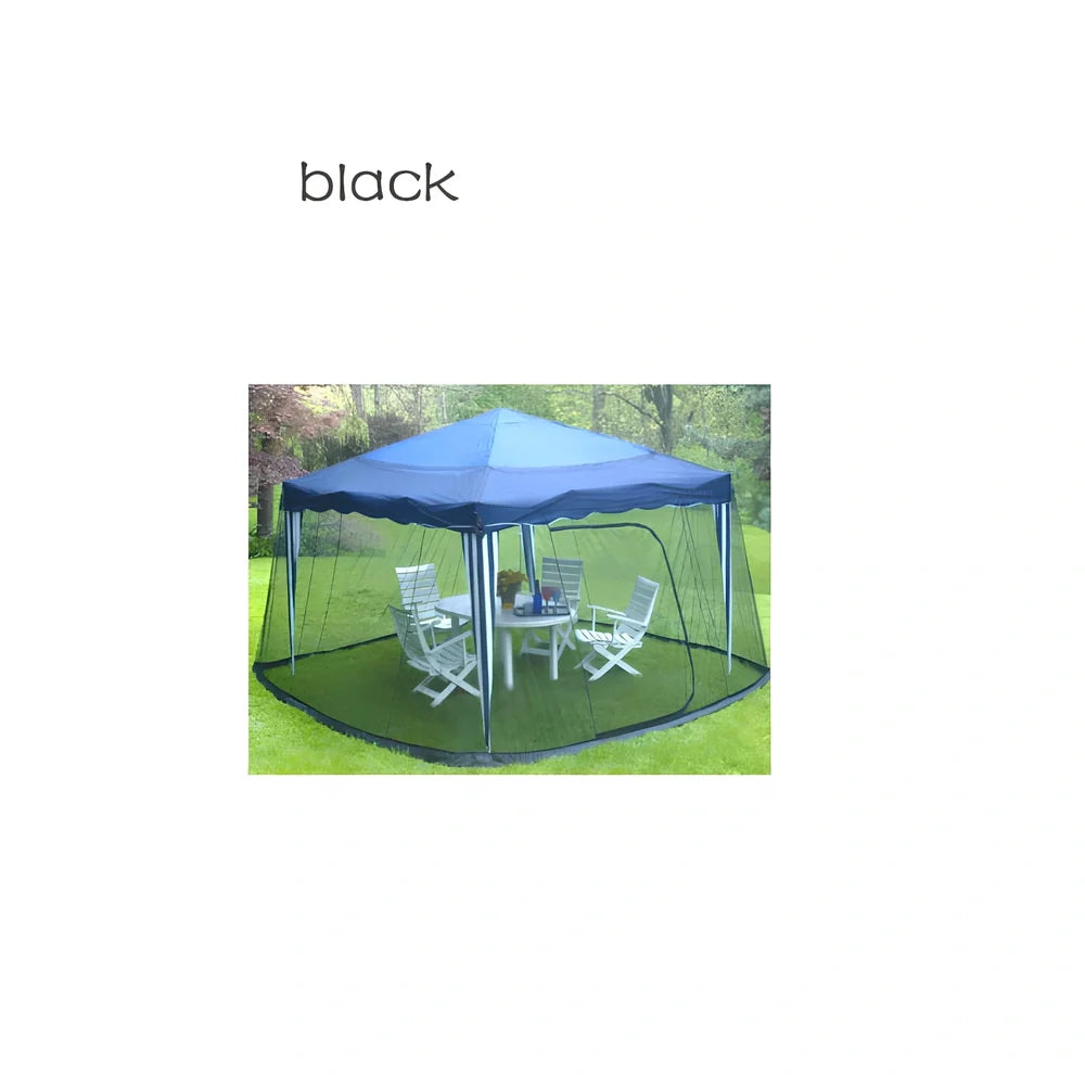 Black polyester mosquito net covering round patio umbrella with 300cm diameter protection