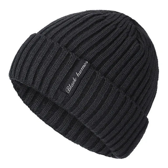 Unisex winter knit letters cap in cotton and coral wool, adult size, shown in black, coffee, dark blue, grey, khaki, and red