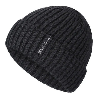Unisex winter knit letters cap in cotton and coral wool, adult size, shown in black, coffee, dark blue, grey, khaki, and red