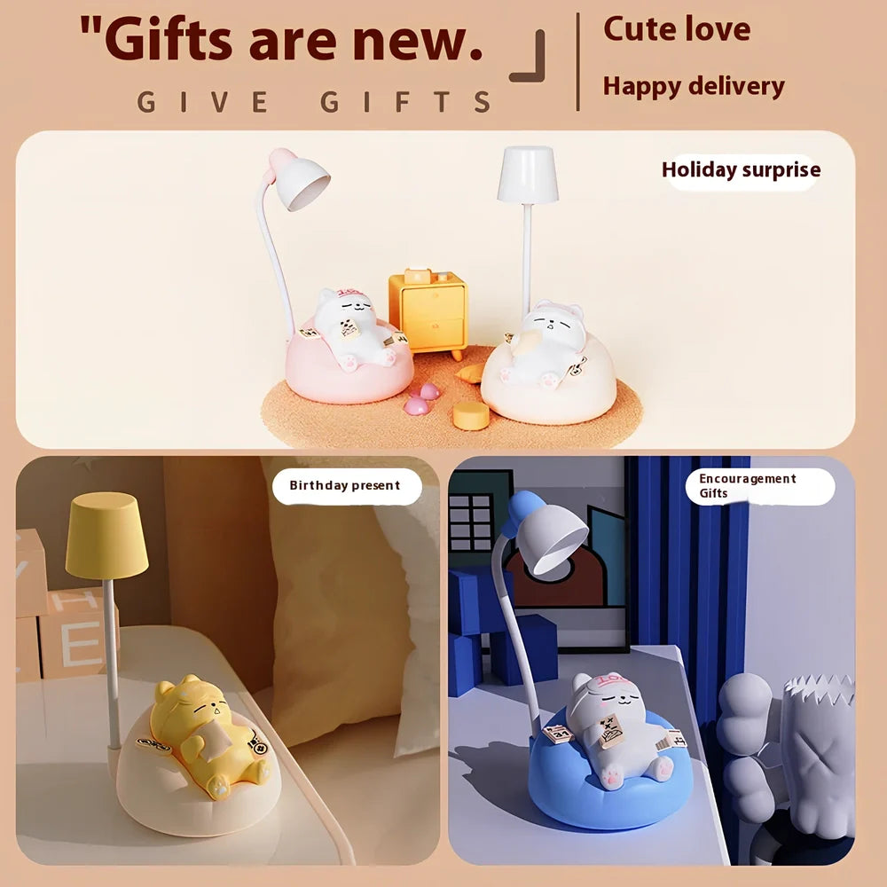 Sleeping cat shaped night lamp with USB charging port and soft LED illumination