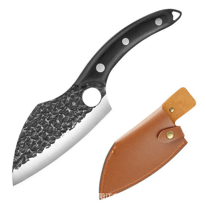 Rugged high-carbon steel outdoor folding knife with antique-inspired hammer pattern design and protective leather sheath