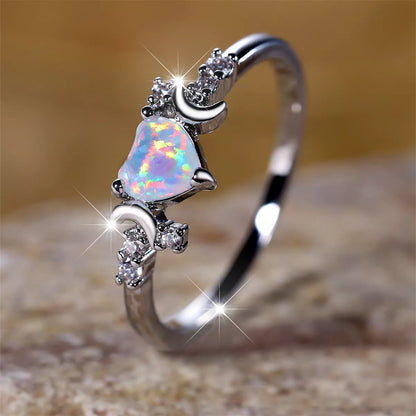 New Love Moon Three Claw Ring in platinum white opal and rose gold white opal