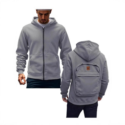 Men's loose-fit hoodie cardigan sweater with back schoolbag design and stick pocket in light grey, black and blue.