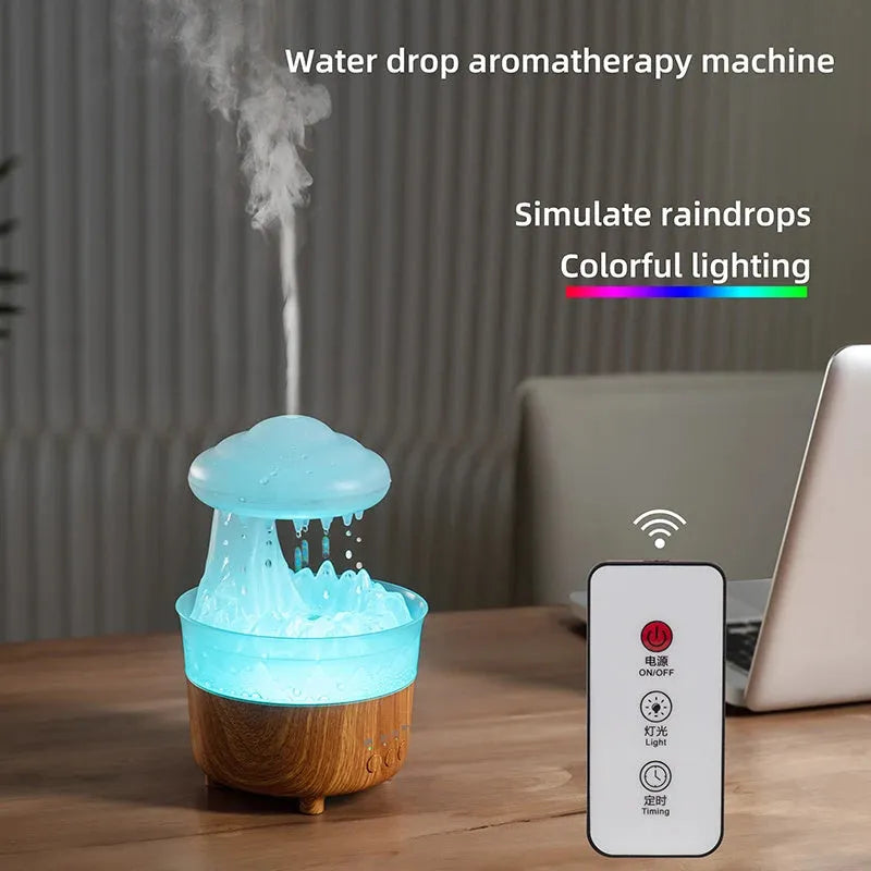 Wood grain cloud-shaped humidifier diffuser with coloured night light and water droplets