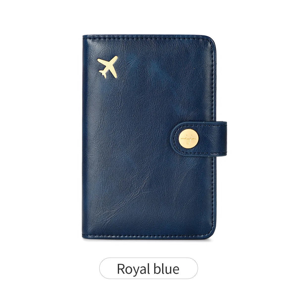 Simple PU leather passport holder in sapphire blue with visible sewing lines, showing card slots and RFID protection.