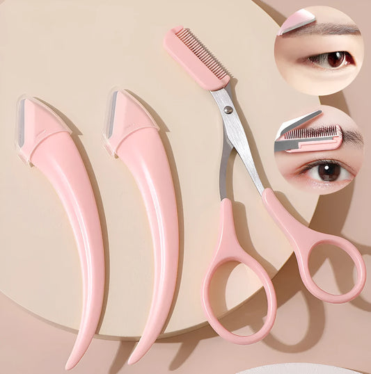 White or pink eyebrow trimming knife with curved comb for eyebrow shaping and hair removal