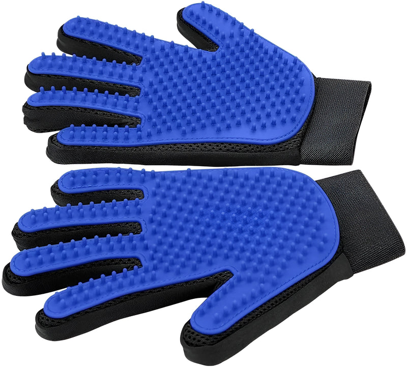 Pet grooming gloves with 255 silicone tips for gentle shedding removal, designed for dogs, cats, and horses with adjustable wrist strap in blue colour