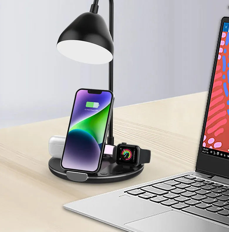 Black and white magnetic folding wireless charger with USB cable showing folded and extended positions