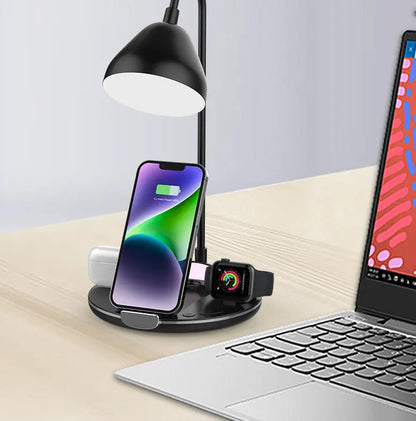 Black and white magnetic folding wireless charger with USB cable showing folded and extended positions
