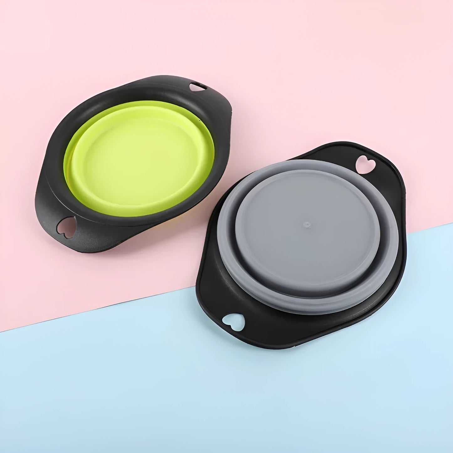 Collapsible silicone pet food bowl shown folded flat and unfolded, in green colour with non-slip base