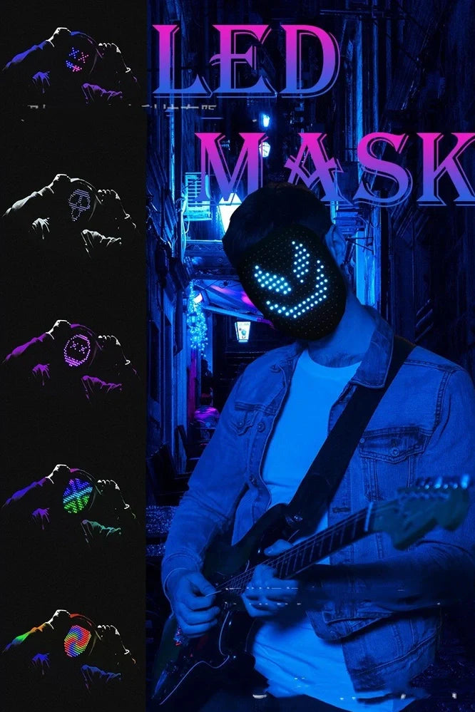 Black LED Halloween mask with 234 RGB beads showing glowing pattern on 17x20.5cm surface