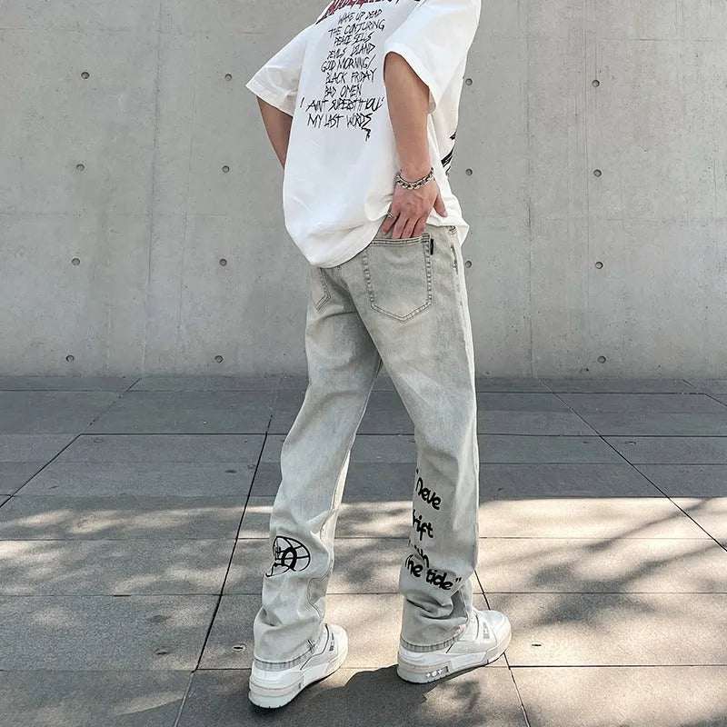 Women's American Vintage Washed Distressed Yellow Mud Dye Letter Print Jeans Khaki Non-Stretch Straight-Leg Mid-Rise Long Denim Trousers with ZipperFly