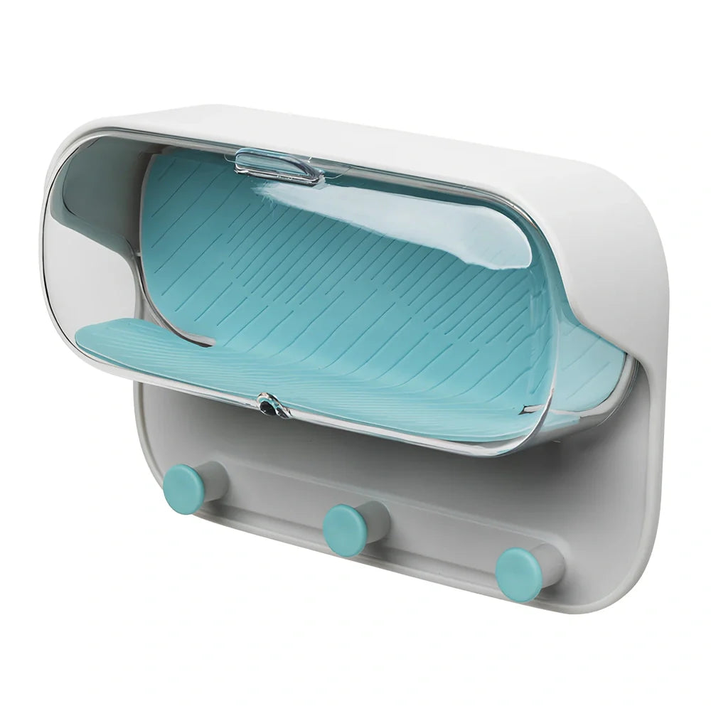 Grey punch-free bathroom wall holder, 17.1cm long with transparent lid for glasses storage