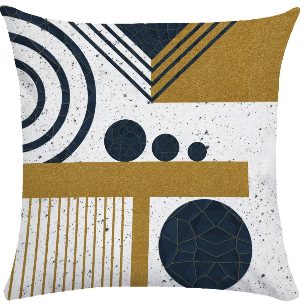 Geometric pattern throw pillow on office sofa showing 45x45cm size with plush fabric texture