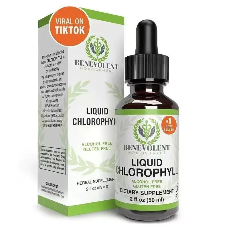 60ml glass bottle of natural green liquid chlorophyll drops for intestinal care and body odour support.